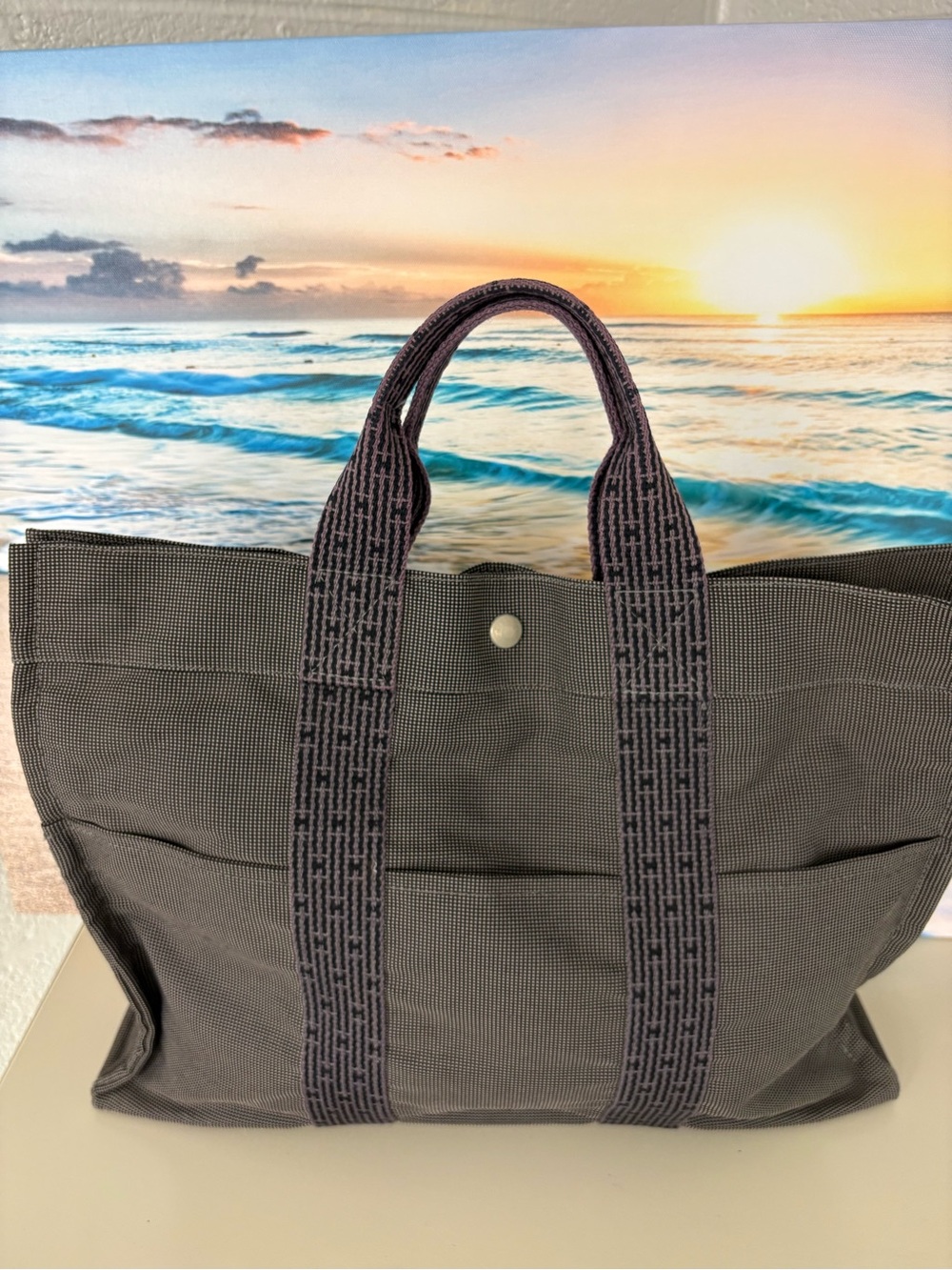 Authentic Hermès Herline MM Canvas Tote Bag - Gray - Read Description